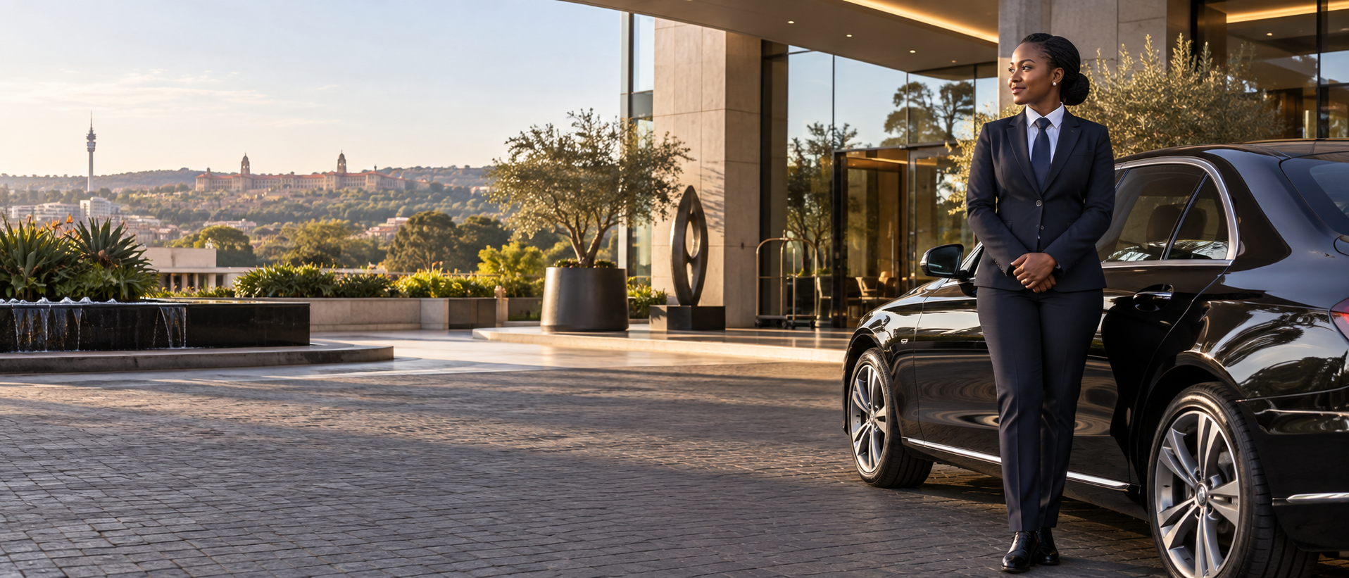 Luxury executive sedan outside a modern Pretoria business hotel
