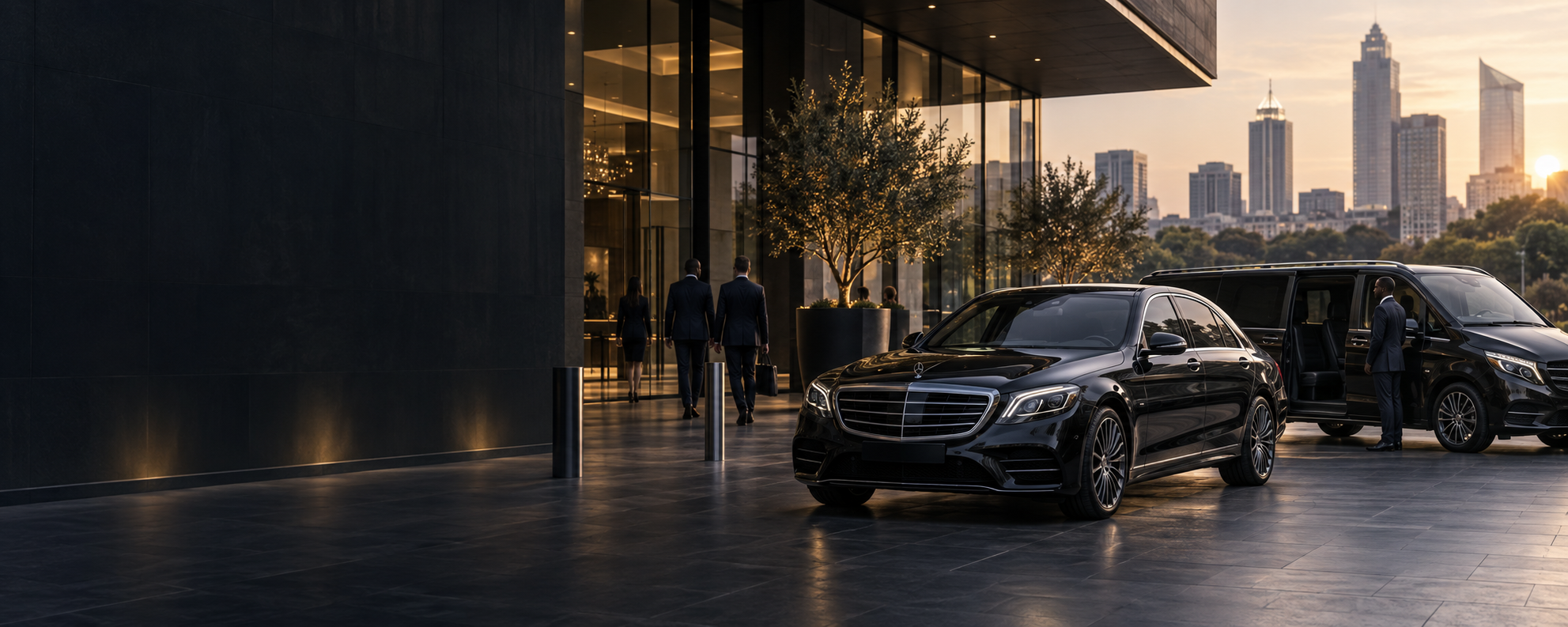 Luxury sedan and people carrier waiting outside a Johannesburg business district office
