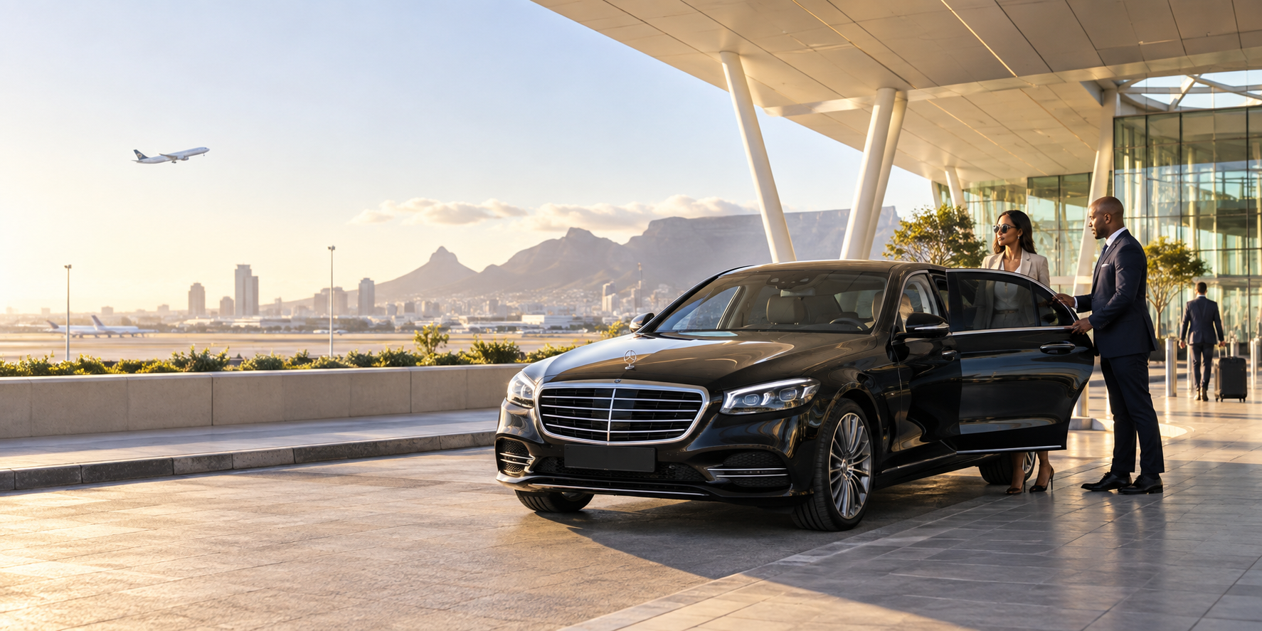 Premium executive sedan outside a bright airport terminal
