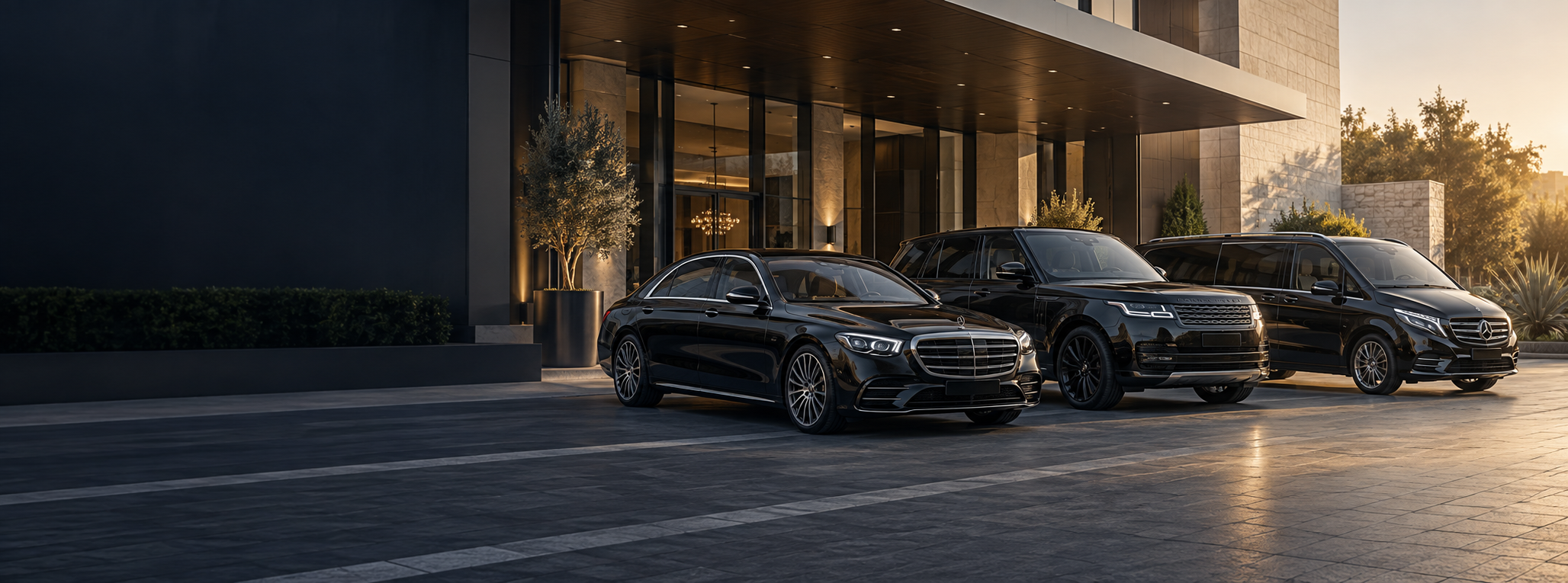 Kwela Fleet Management luxury vehicles outside a contemporary hotel