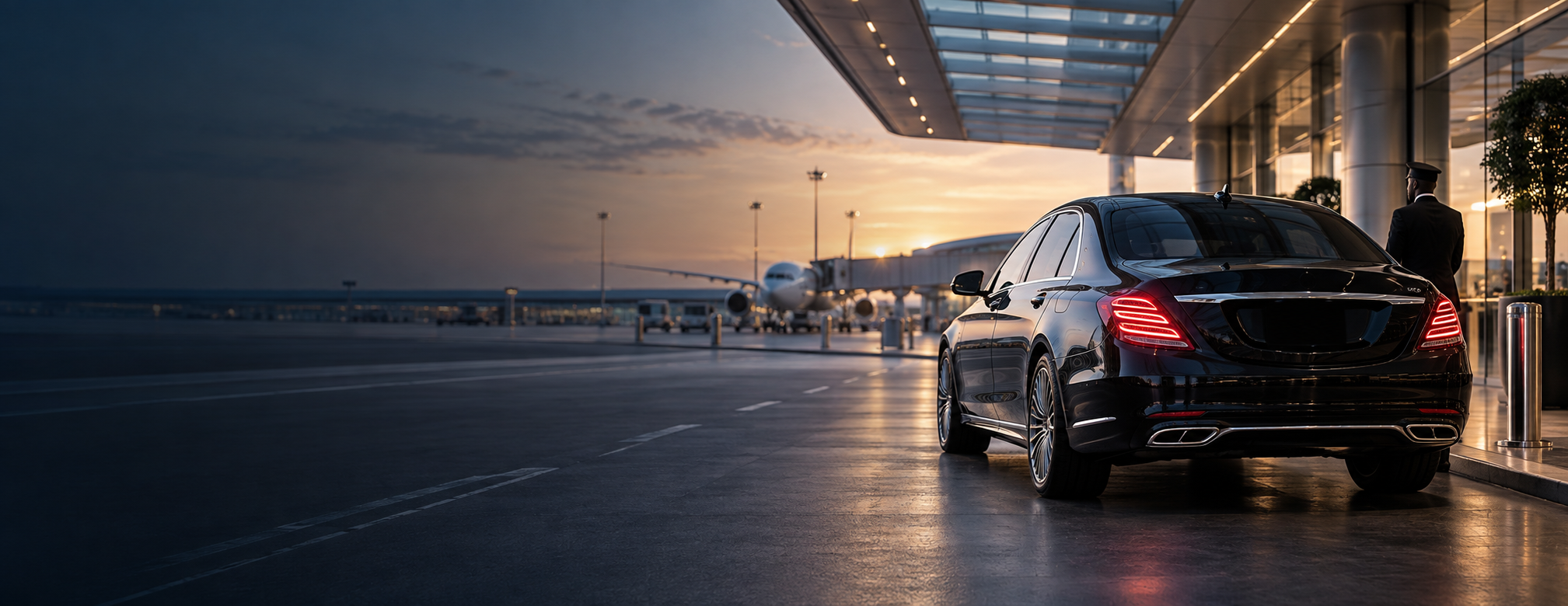 Executive sedan waiting at a modern airport terminal at sunrise