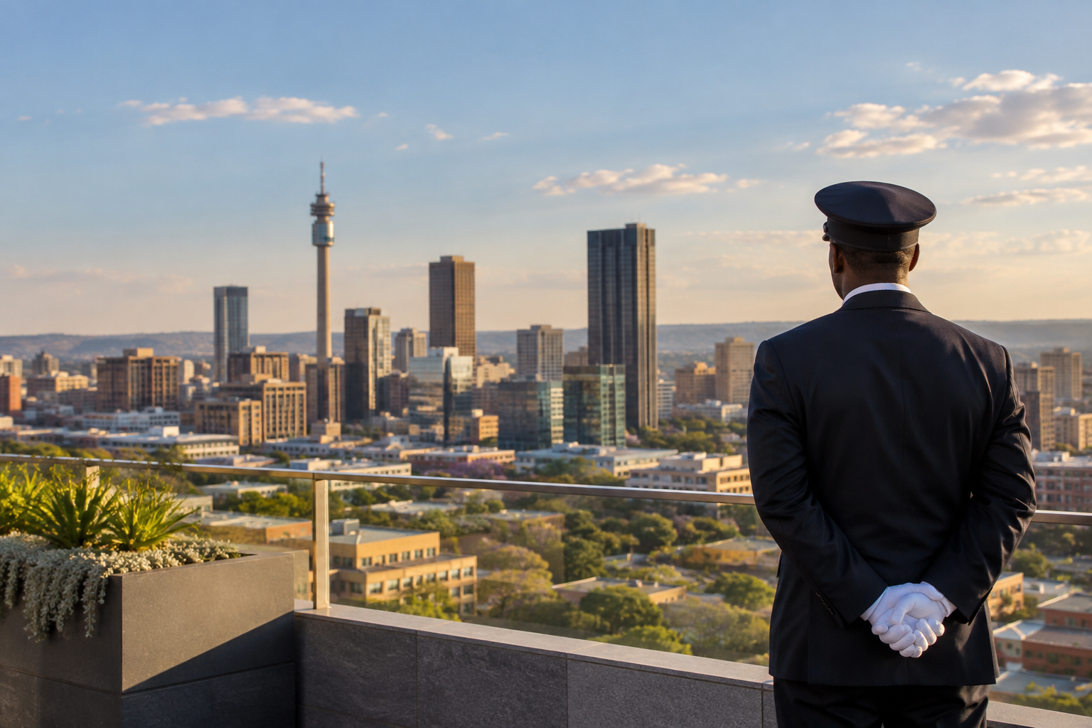 Chauffeur standing above a Johannesburg skyline at golden hour