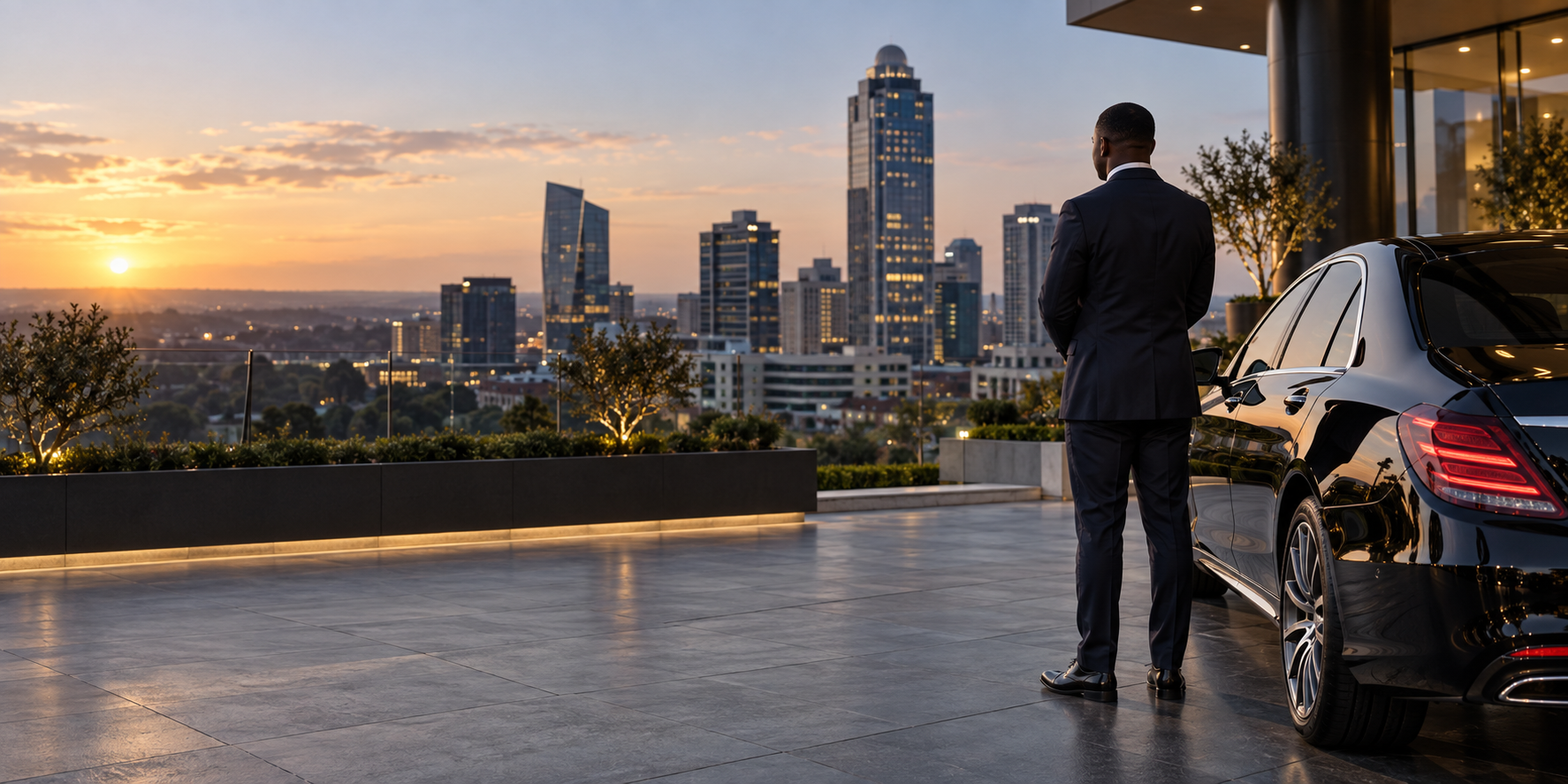 Executive sedan and chauffeur at a Johannesburg business destination
