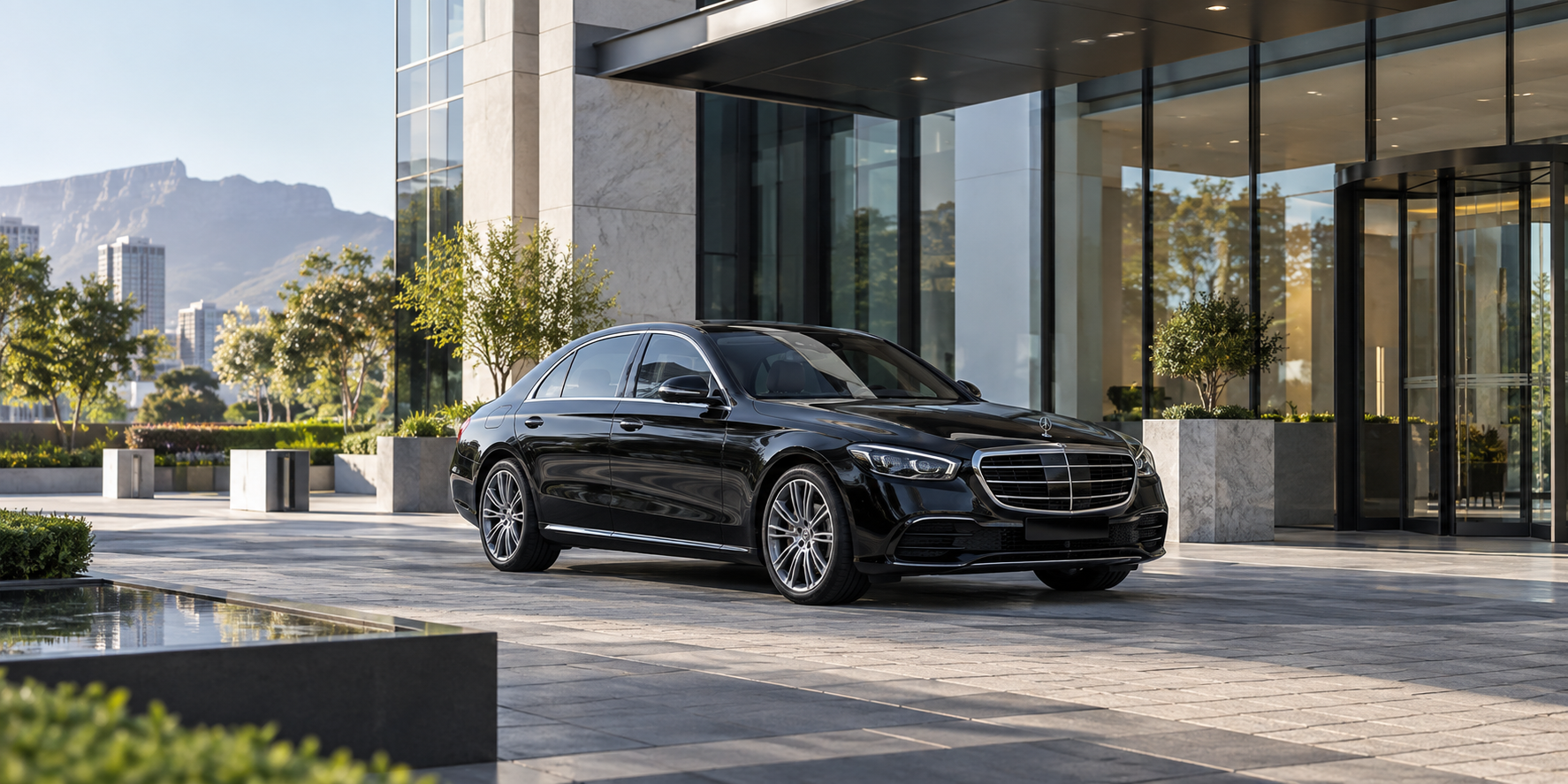 Executive sedan waiting outside a glass corporate building