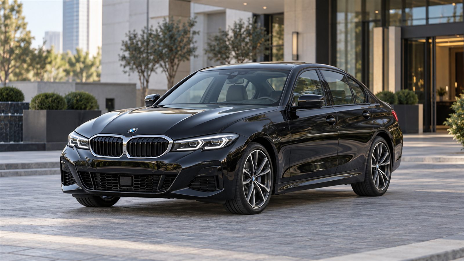 BMW 3 Series outside a contemporary hotel