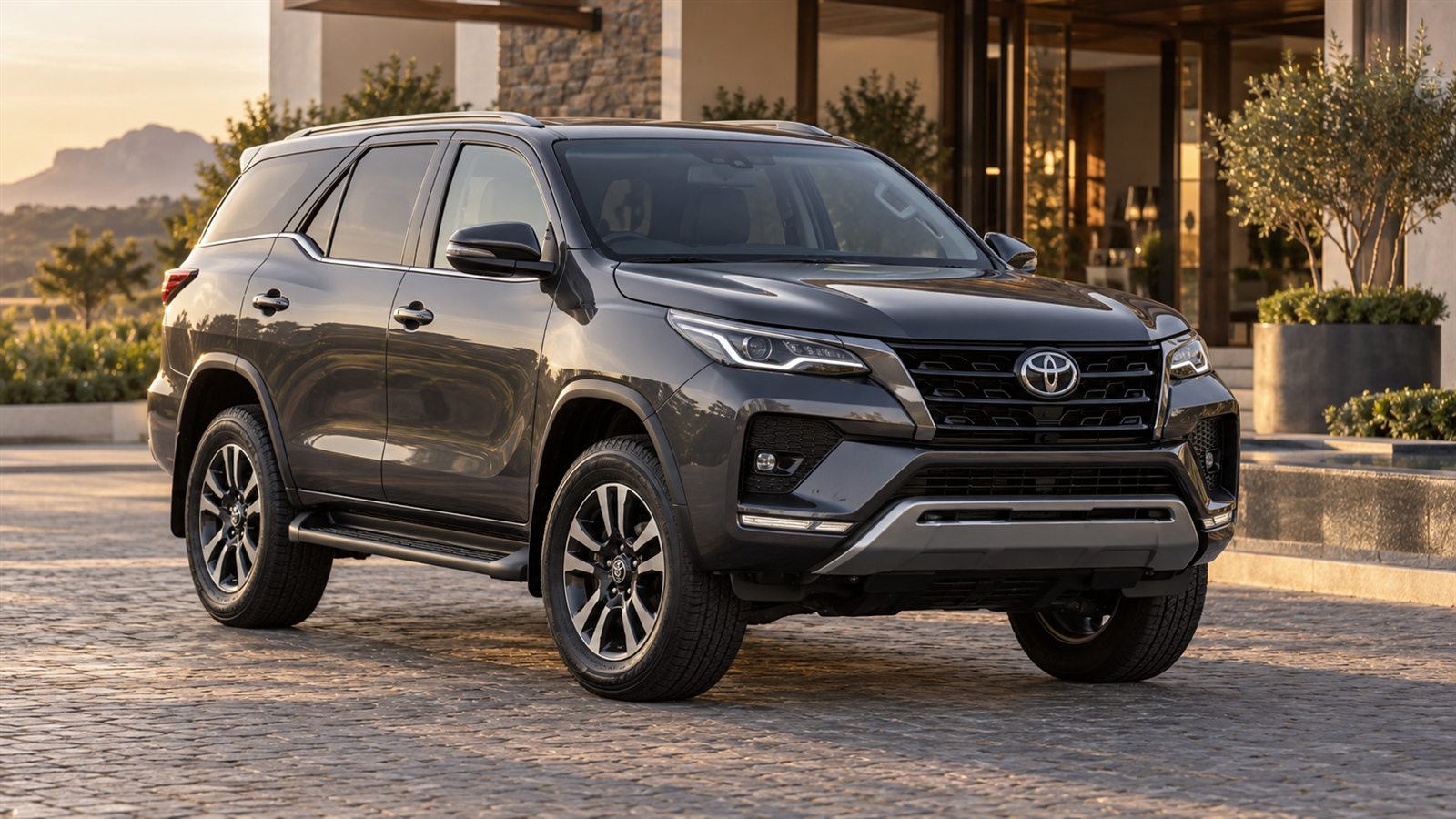 Toyota Fortuner outside a premium hotel